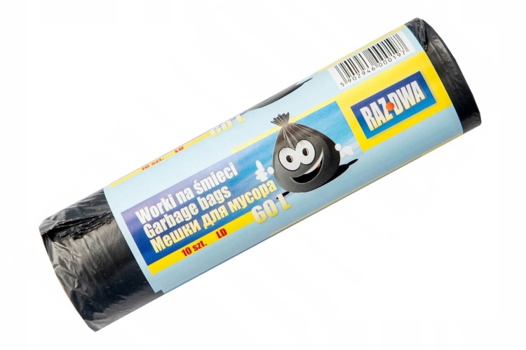 Worki na odpady RAZ-DWA – czarne, LDPE, 1 rolka 60L