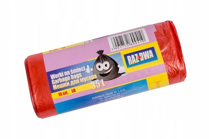 Worki na odpady RAZ-DWA – czerwone, LDPE, 1 rolka 35L