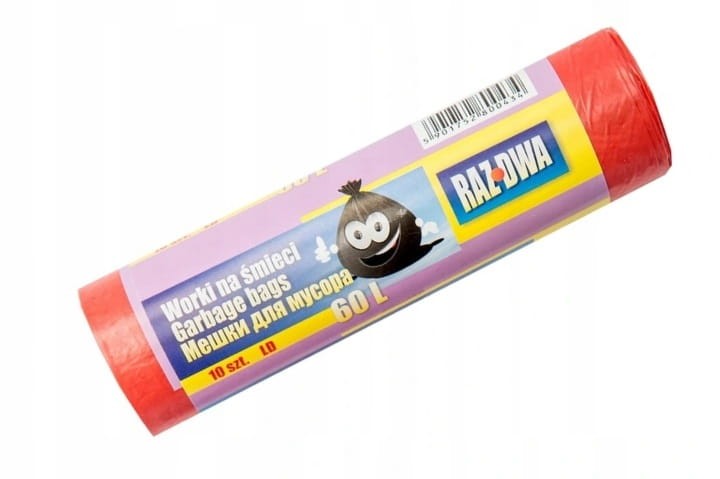 Worki na odpady RAZ-DWA – czerwone, LDPE, 1 rolka 60L