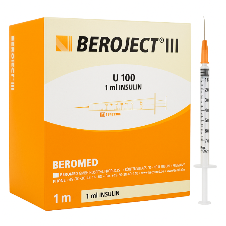 Strzykawki insulinowe BEROJECT III – 1 ml, z wymienną igłą, 3-częściowe, luer, 100 szt. U100