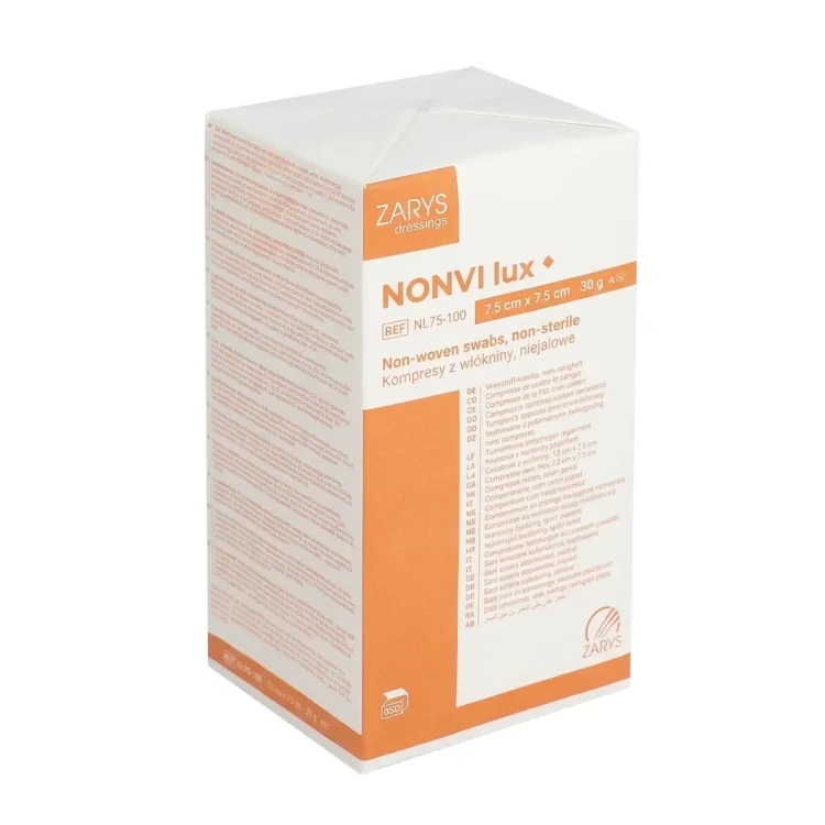 Kompresy włókninowe NONVI lux – niesterylne, 30 G, 4 W rozmiar 7,5 cm x 7,5 cm
