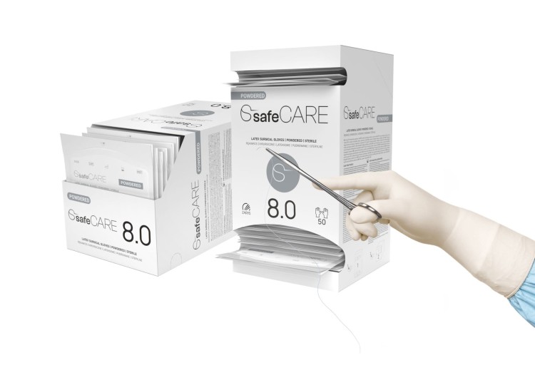 Rękawice chirurgiczne safeCARE – Sterylne, Pudrowane, Lateksowe, 50 par, zdjęcie rękawic z nożyczkami