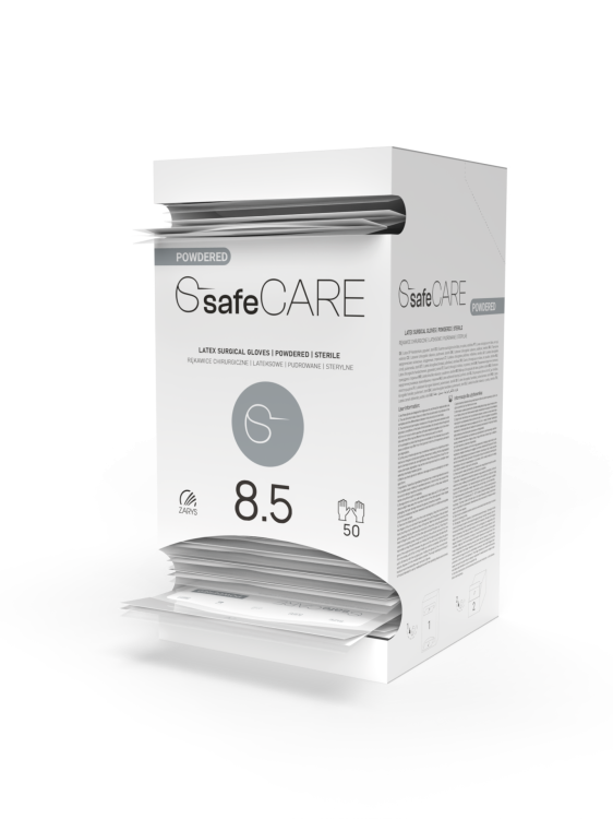Rękawice chirurgiczne safeCARE – Sterylne, Pudrowane, Lateksowe, 50 par, rozmiar 8,5 otwarte opakowanie