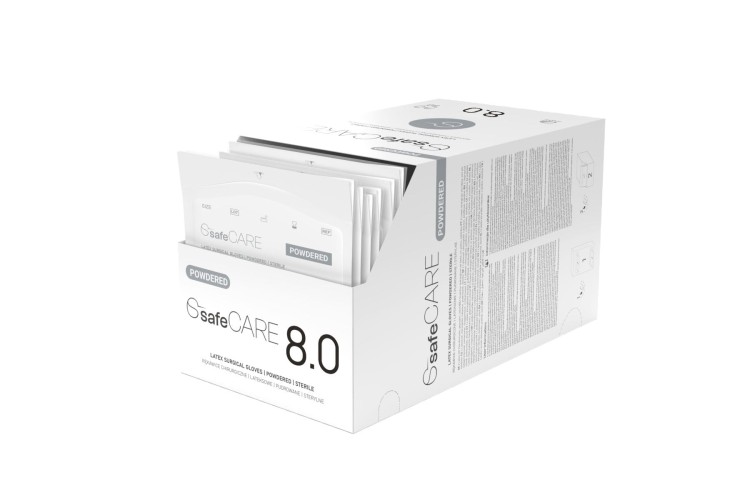 Rękawice chirurgiczne safeCARE – Sterylne, Pudrowane, Lateksowe, 50 par, otwarte opakowanie
