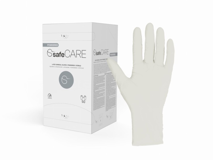Rękawice chirurgiczne safeCARE – Sterylne, Pudrowane, Lateksowe, 50 par, rozmiar 5,5