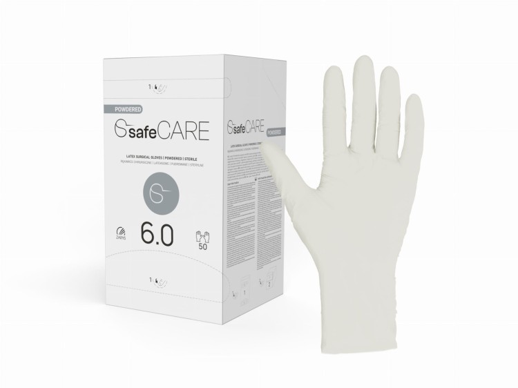 Rękawice chirurgiczne safeCARE – Sterylne, Pudrowane, Lateksowe, 50 par, rozmiar 6,0
