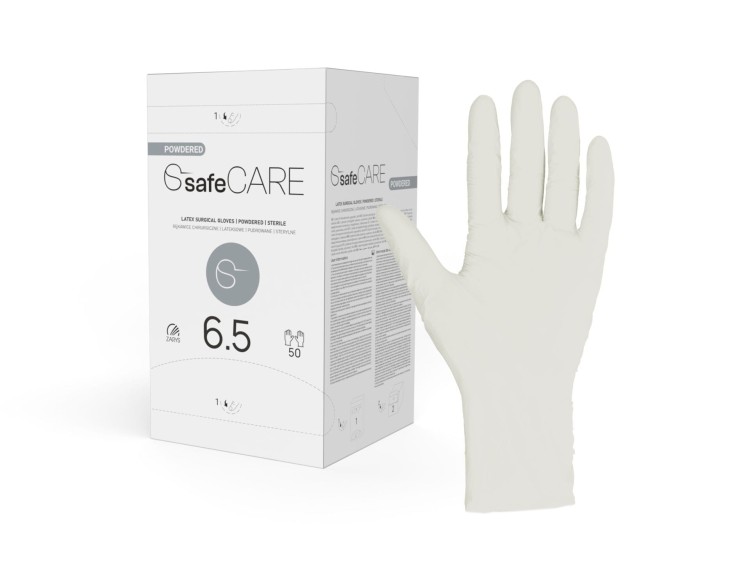 Rękawice chirurgiczne safeCARE – Sterylne, Pudrowane, Lateksowe, 50 par, rozmiar 6,5