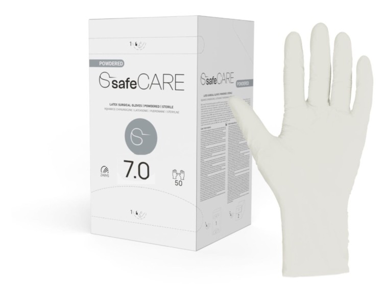 Rękawice chirurgiczne safeCARE – Sterylne, Pudrowane, Lateksowe, 50 par, rozmiar 7,0