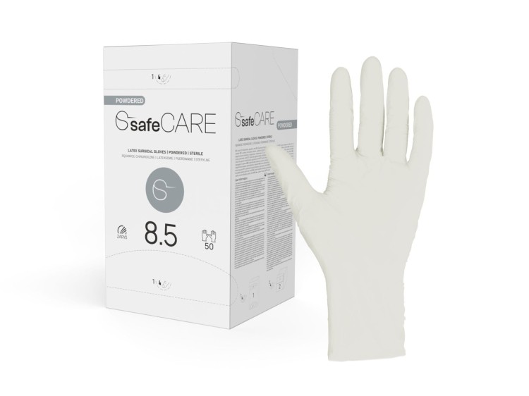 Rękawice chirurgiczne safeCARE – Sterylne, Pudrowane, Lateksowe, 50 par, rozmiar 8,5