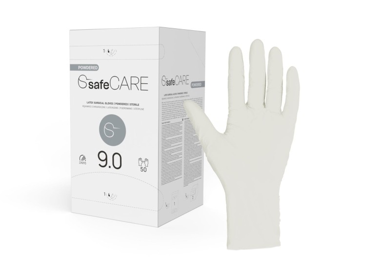 Rękawice chirurgiczne safeCARE – Sterylne, Pudrowane, Lateksowe, 50 par, rozmiar 9,0