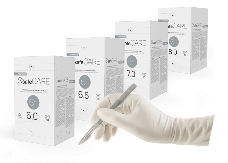Rękawice chirurgiczne safeCARE – Sterylne, Pudrowane, Lateksowe, 50 par, różne rozmiary