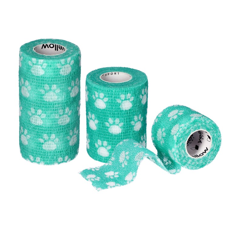 Bandaż Kohezyjny yellowBAND zielony w łapki – Bezlateksowy, Samoprzylepny, rożne rozmiary