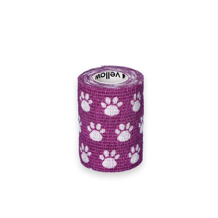 Bandaż Kohezyjny yellowBAND fioletowy w łapki – Bezlateksowy, Samoprzylepny, szerokość 7,5 cm