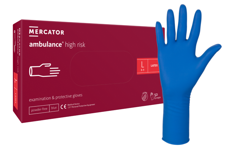 Rękawice Lateksowe Ambulance High Risk – Niebieskie, Grube, Bezpudrowe, 50 szt. Rozmiar L