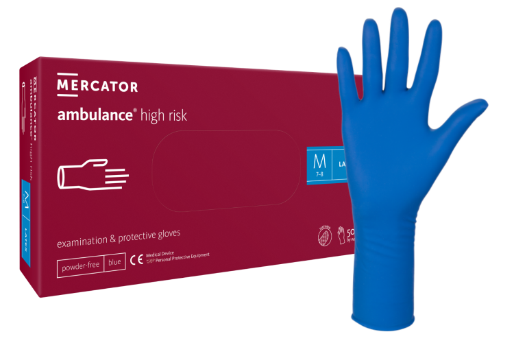 Rękawice Lateksowe Ambulance High Risk – Niebieskie, Grube, Bezpudrowe, 50 szt. Rozmiar M