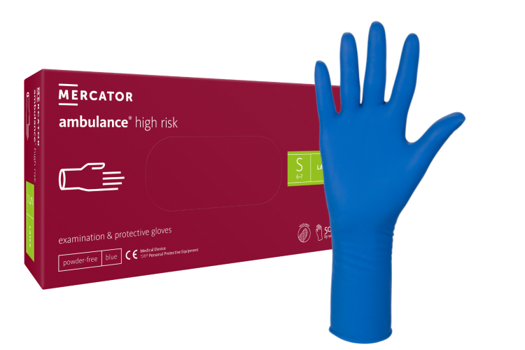 Rękawice Lateksowe Ambulance High Risk – Niebieskie, Grube, Bezpudrowe, 50 szt. Rozmiar S