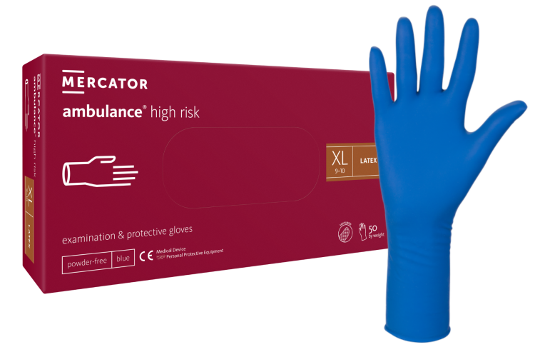 Rękawice Lateksowe Ambulance High Risk – Niebieskie, Grube, Bezpudrowe, 50 szt. Rozmiar XL