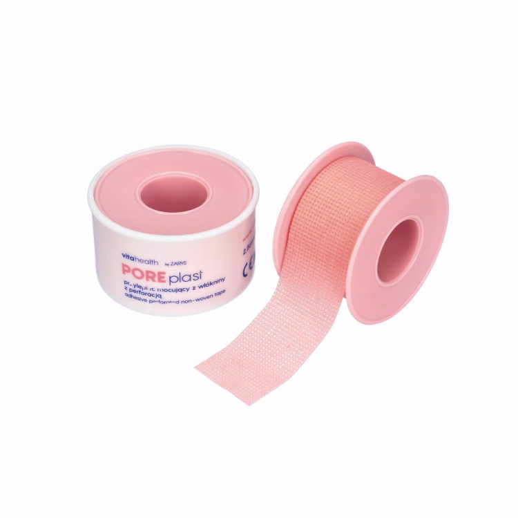 Przylepiec mocujący z włókniny VitaHealth POREplast – z perforacją, różowy, 2,5 cm × 5 m