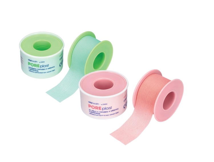Przylepiec mocujący z włókniny VitaHealth POREplast – z perforacją, różowy, 2,5 cm × 5 m, różowy i zielony razem