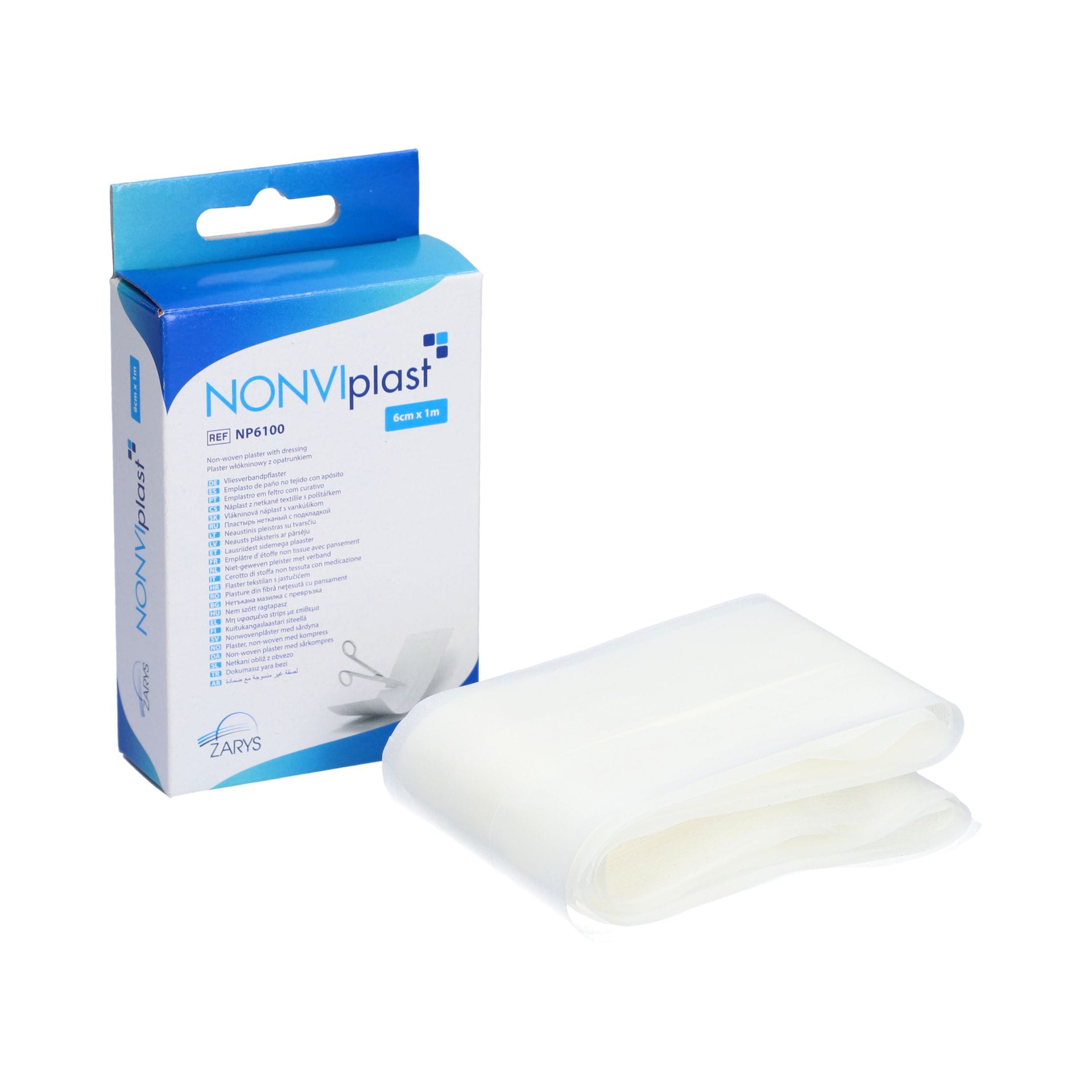 Plaster włókninowy NONVIplast – z opatrunkiem, biały, rozmiar 6 cm x 1 m