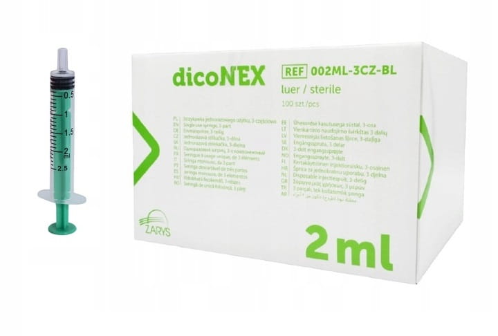 Strzykawki jednorazowe dicoNEX – 3-częściowe, luer, sterylne, bez ftalanów pojemność 2ml