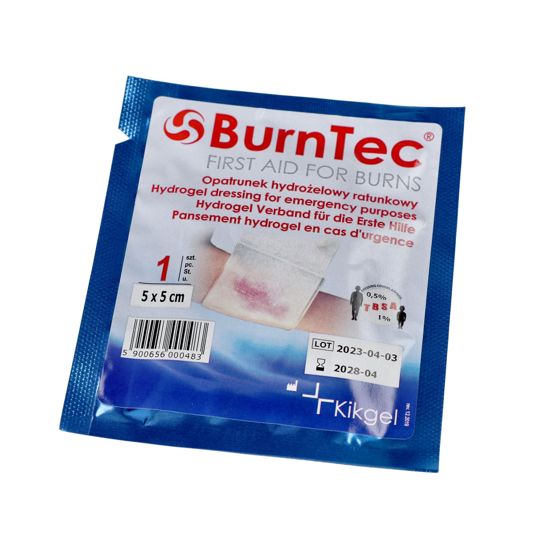 Opatrunek hydrożelowy ratunkowy BurnTec – sterylny, rozmiar 5 cm x 5 cm