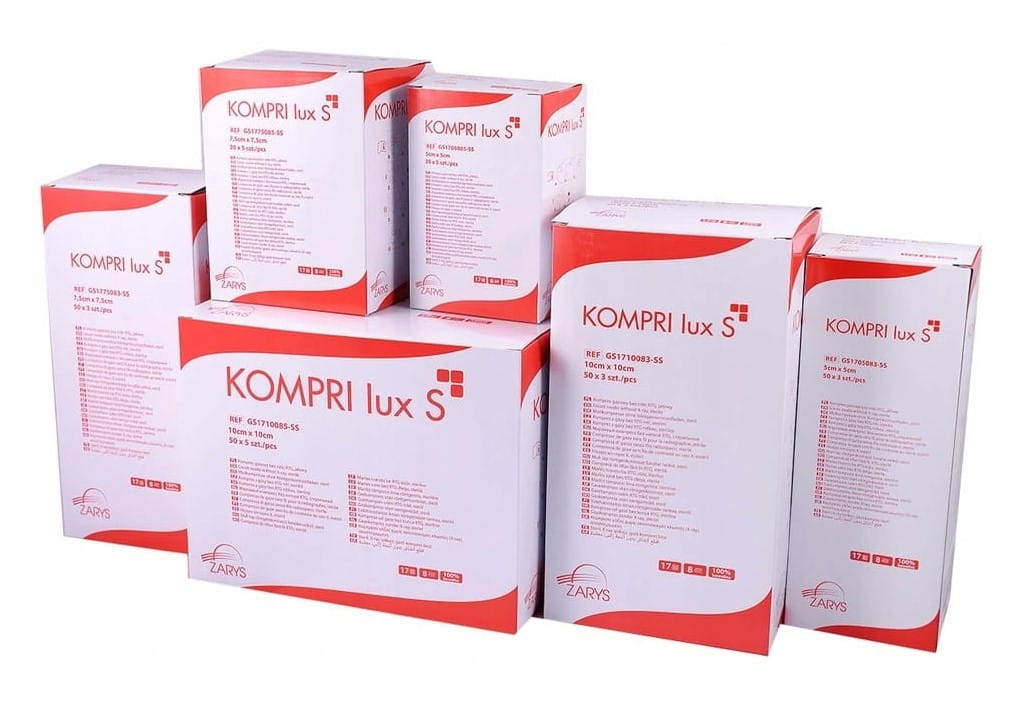 Kompresy z gazy bez nitki RTG KOMPRI lux S – sterylne, 17 N, 8 W różne rozmiary