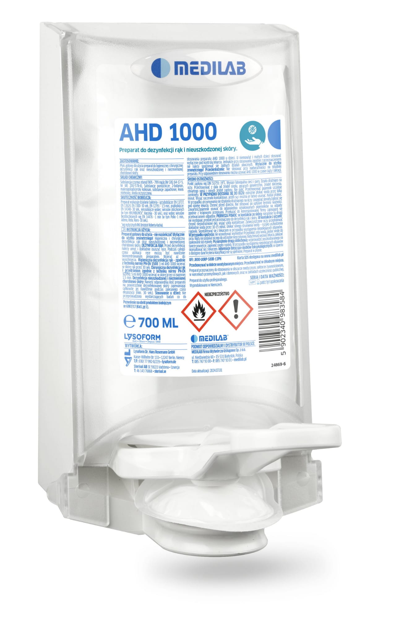 Sterisol AHD 1000 – alkoholowy płyn do higienicznej i chirurgicznej dezynfekcji rąk, 700ml