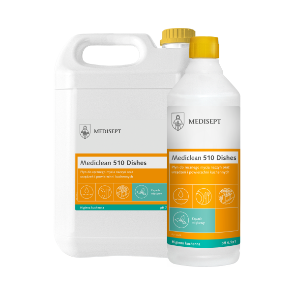 Mediclean 510 Dishes – płyn do mycia naczyń, zapach miętowy, 1L i 5L