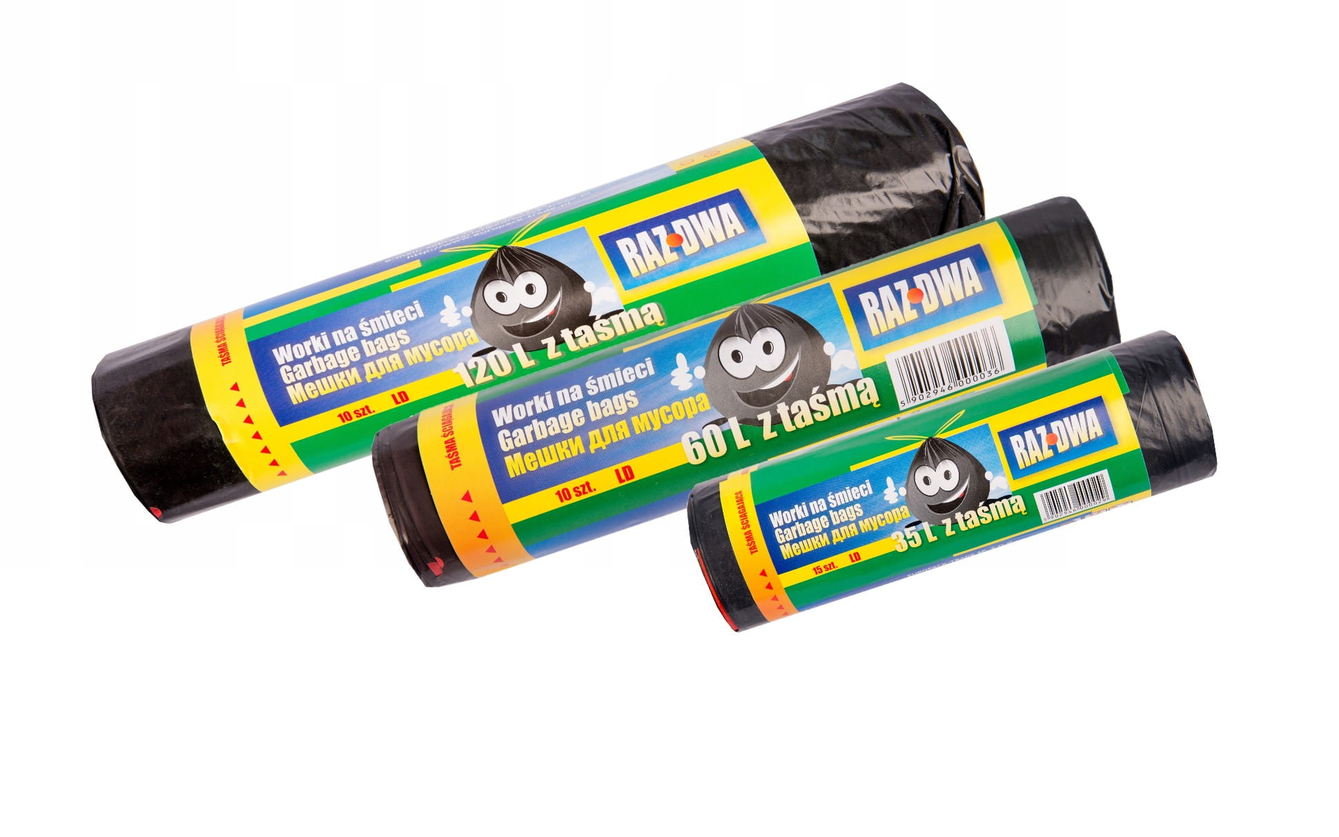 Worki na odpady RAZ-DWA – czarne, LDPE, z taśmą ściągającą, 1 rolka , wszystkie rozmiary