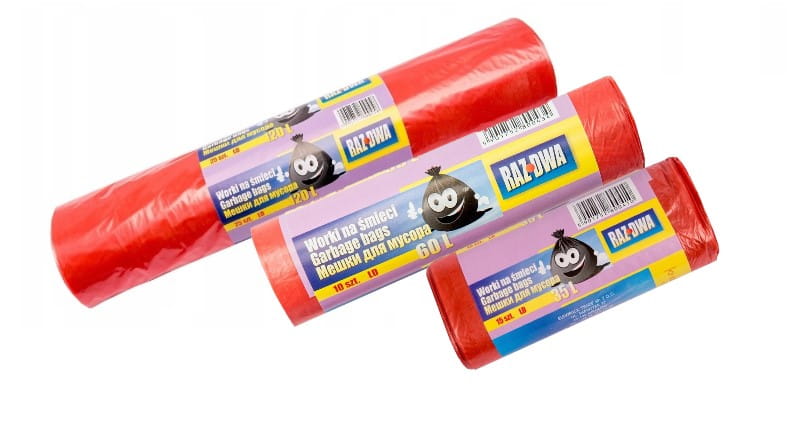 Worki na odpady RAZ-DWA – czerwone, LDPE, 1 rolka, Różne pojemności