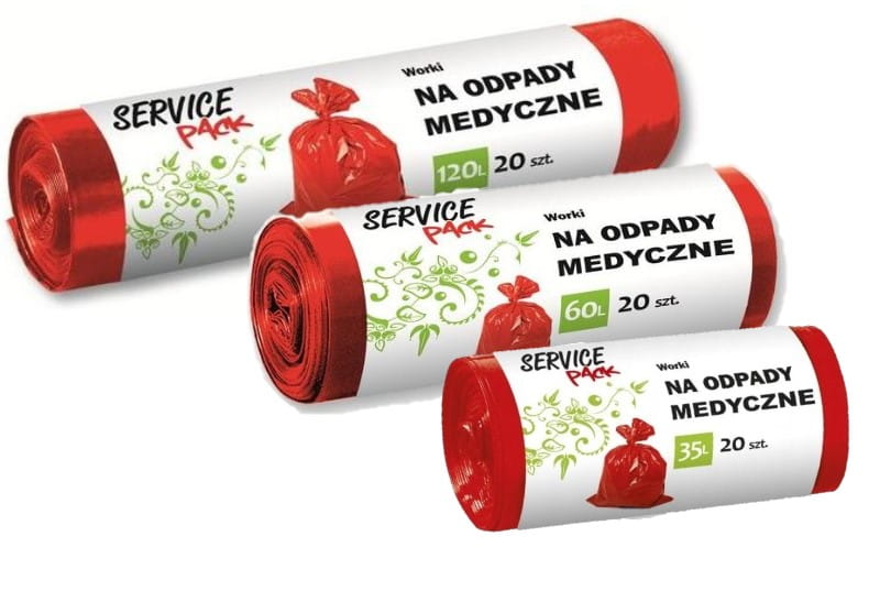 Worki na odpady medyczne Service Pack – czerwone, LDPE, 1 rolka, Zdjęcie worków o różnej pojemności